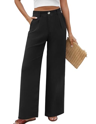 PASUDA Hose Damen Sommer Weites Bein Freizeithose Hight Waist Geradem Sommerhose Bequeme Leichte Lässige Anzughose Hosen mit Taschen, Knopfleiste (Schwarz, L) von PASUDA