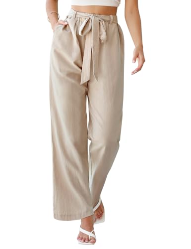 PASUDA Hose Damen Sommer Weites Bein Hosen Elegant Baumwolle Leinenhose High Waist Elastischer Freizeithose Sommerhose Lang Loose Fit Trousers mit Taschen (Beige, M) von PASUDA