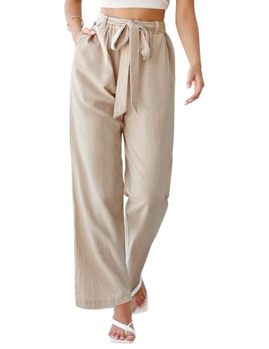 PASUDA Hose Damen Sommer Weites Bein Hosen Elegant Baumwolle Leinenhose High Waist Elastischer Freizeithose Sommerhose Lang Loose Fit Trousers mit Taschen (Beige, S) von PASUDA