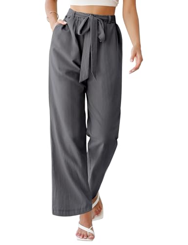 PASUDA Hose Damen Sommer Weites Bein Hosen Elegant Baumwolle Leinenhose High Waist Elastischer Freizeithose Sommerhose Lang Loose Fit Trousers mit Taschen (Grau, L) von PASUDA