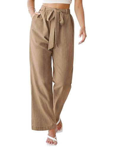 PASUDA Hose Damen Sommer Weites Bein Hosen Elegant Baumwolle Leinenhose High Waist Elastischer Freizeithose Sommerhose Lang Loose Fit Trousers mit Taschen (Khaki, M) von PASUDA