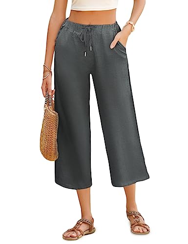 PASUDA Hosen Damen Sommer 7/8 Leinenhose Elastischer Bund Weites Bein Casual Loose Fit Trousers mit Taschen Hosen Pants Freizeithose mit Kordelzug (Grau, M) von PASUDA