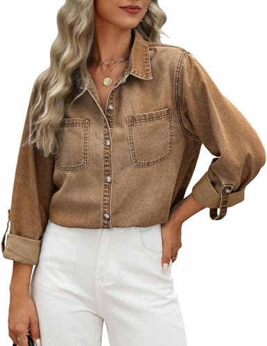 PASUDA Jeanshemd Damen V-Ausschnitt Button Down Jeansbluse Langarm Casual Western Hemden Jeansjacke Frühling Herbst Hemdbluse Oberteile mit Brusttaschen (Braun, L) von PASUDA