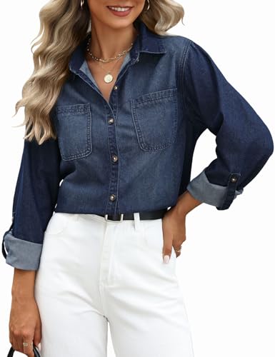 PASUDA Jeanshemd Damen V-Ausschnitt Button Down Jeansbluse Langarm Casual Western Hemden Jeansjacke Frühling Herbst Hemdbluse Oberteile mit Brusttaschen (Dunkelblau, XL) von PASUDA