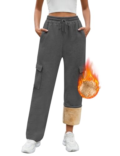 PASUDA Jogginghose Damen Warme Winter Fleece Gefütterte Freizeithose Baumwolle Thermo Sporthose Lang High Waist Gerade Sweatpants Cargohose Verdickte Traininghose mit Taschen Kordelzug (Dunkelgrau, M) von PASUDA