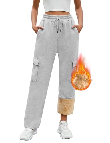 PASUDA Jogginghose Damen Warme Winter Fleece Gefütterte Freizeithose Baumwolle Thermo Sporthose Lang High Waist Gerade Sweatpants Cargohose Verdickte Traininghose mit Taschen Kordelzug (Hellgrau, M) von PASUDA