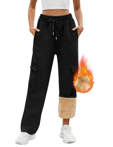 PASUDA Jogginghose Damen Warme Winter Fleece Gefütterte Freizeithose Baumwolle Thermo Sporthose Lang High Waist Gerade Sweatpants Cargohose Verdickte Traininghose mit Taschen Kordelzug (Schwarz, L) von PASUDA