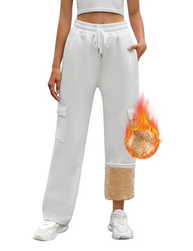 PASUDA Jogginghose Damen Warme Winter Fleece Gefütterte Freizeithose Baumwolle Thermo Sporthose Lang High Waist Gerade Sweatpants Cargohose Verdickte Traininghose mit Taschen Kordelzug (Weiß, M) von PASUDA