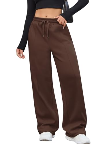 PASUDA Jogginghose Damen Winter Warme Sporthose Weite Bein Freizeithose Lang Dicke Fleece Gefüttert Trainingshose Sweatpants High Waist Baggy Fleecehose Thermohose mit Taschen (Braun, M) von PASUDA