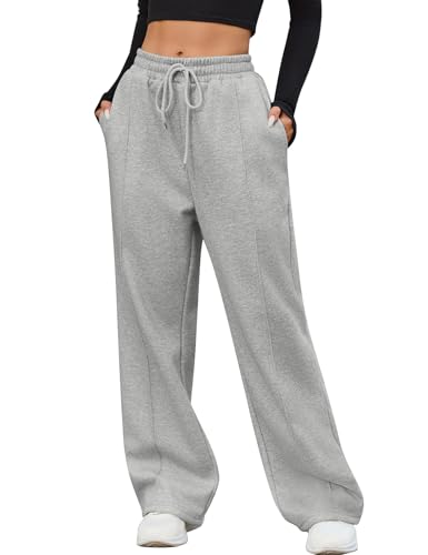 PASUDA Jogginghose Damen Winter Warme Sporthose Weite Bein Freizeithose Lang Dicke Fleece Gefüttert Trainingshose Sweatpants High Waist Baggy Fleecehose Thermohose mit Taschen (Hellgrau, XXL) von PASUDA