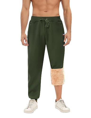 PASUDA Jogginghose Herren Baumwolle Fleece Gefüttert Trainingshose Warme Sherpa Freizeithosen Herren Lang Sporthose Winter Thermo Sweatpant mit Kordelzug, Zipper Taschen (Grün, L) von PASUDA