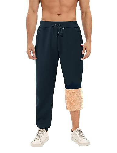 PASUDA Jogginghose Herren Baumwolle Fleece Gefüttert Trainingshose Warme Sherpa Freizeithosen Herren Lang Sporthose Winter Thermo Sweatpant mit Kordelzug, Zipper Taschen (Marine, L) von PASUDA