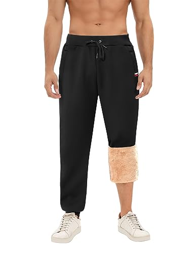 PASUDA Jogginghose Herren Baumwolle Fleece Gefüttert Trainingshose Warme Sherpa Freizeithosen Herren Lang Sporthose Winter Thermo Sweatpant mit Kordelzug, Zipper Taschen (Schwarz, L) von PASUDA
