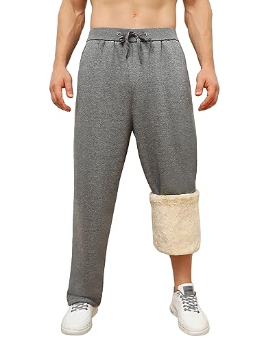 PASUDA Jogginghose Herren Baumwolle Winter Fleece Gefüttert Freizeithose Warm Lang Sporthose Straight Leg Lose Trainingshose Elastische Taille Sweatpants mit Kordelzug, Taschen (Grau, M) von PASUDA