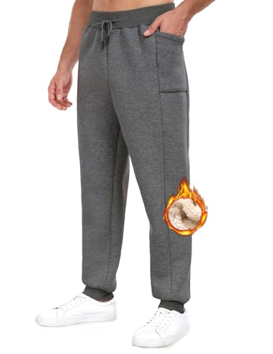 PASUDA Jogginghose Herren Baumwolle Winter Fleece Gefüttert Warme Trainingshose Sporthose Lang Sherpa Freizeithose Sweathose Herren Thermo Sweatpant mit Kordelzug Taschen (Dunkelgrau, L) von PASUDA