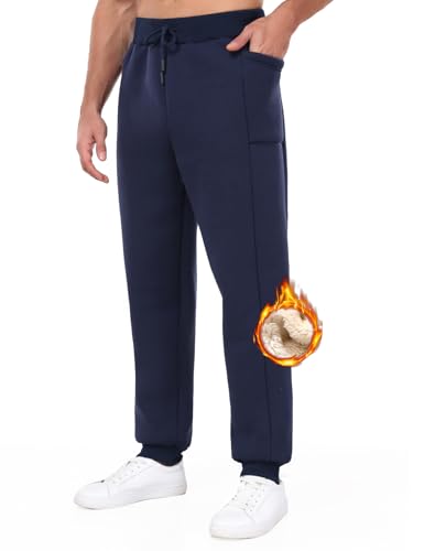 PASUDA Jogginghose Herren Baumwolle Winter Fleece Gefüttert Warme Trainingshose Sporthose Lang Sherpa Freizeithose Sweathose Herren Thermo Sweatpant mit Kordelzug Taschen (Marine, M) von PASUDA