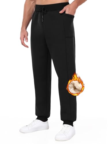PASUDA Jogginghose Herren Baumwolle Winter Fleece Gefüttert Warme Trainingshose Sporthose Lang Sherpa Freizeithose Sweathose Herren Thermo Sweatpant mit Kordelzug Taschen (Schwarz, M) von PASUDA