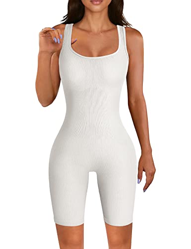 PASUDA Jumpsuit Damen Kurz Ärmellose Yoga Schwarzer Quadratischer Hals Einteiler Eng Sexy Overall Sport Tank Top Sommer Workout Gerippt Stretch Seamless Romper Bodysuit Outfits (White, L) von PASUDA