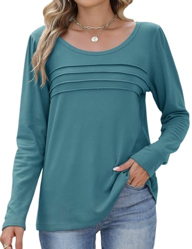 PASUDA Langarmshirt Damen Herbst Winter Casual Warme Oberteil Elegant Rundhals Longsleeve Thermo T Shirt Lässig Locker Plissee Puffärmel Langarm Pullover Tunika Shirt Top (Hellblau, L) von PASUDA