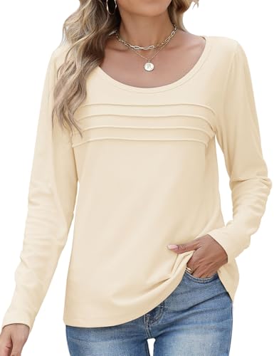 PASUDA Langarmshirt Damen Herbst Winter Casual Warme Oberteil Elegant Rundhals Longsleeve Thermo T Shirt Lässig Locker Plissee Puffärmel Langarm Pullover Tunika Shirt Top (Khaki, XXL) von PASUDA