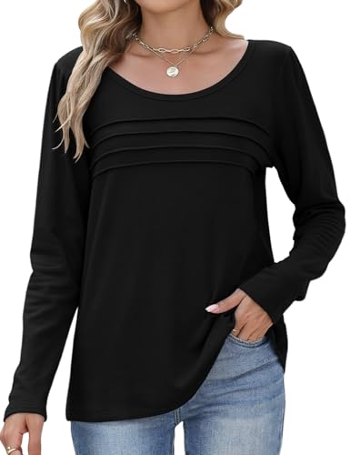 PASUDA Langarmshirt Damen Herbst Winter Casual Warme Oberteil Elegant Rundhals Longsleeve Thermo T Shirt Lässig Locker Plissee Puffärmel Langarm Pullover Tunika Shirt Top (Schwarz, S) von PASUDA