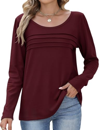 PASUDA Langarmshirt Damen Herbst Winter Casual Warme Oberteil Elegant Rundhals Longsleeve Thermo T Shirt Lässig Locker Plissee Puffärmel Langarm Pullover Tunika Shirt Top (Weinrot, S) von PASUDA