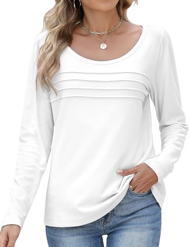 PASUDA Langarmshirt Damen Herbst Winter Casual Warme Oberteil Elegant Rundhals Longsleeve Thermo T Shirt Lässig Locker Plissee Puffärmel Langarm Pullover Tunika Shirt Top (Weiß, S) von PASUDA