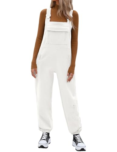PASUDA Latzhose Damen Winter Fleece Overall Lässig Lockere Jumpsuit Lang Ärmelloser Warm Latzhosen Verstellbare Riemen Hosen Bib Arbeitshose mit Taschen (Beige, M) von PASUDA