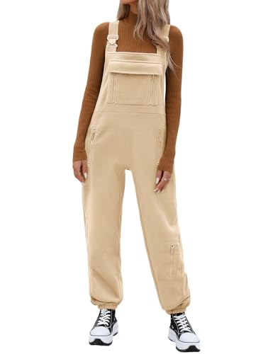 PASUDA Latzhose Damen Winter Fleece Overall Lässig Lockere Jumpsuit Lang Ärmelloser Warm Latzhosen Verstellbare Riemen Hosen Bib Arbeitshose mit Taschen (Khaki, M) von PASUDA