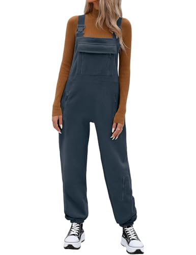 PASUDA Latzhose Damen Winter Fleece Overall Lässig Lockere Jumpsuit Lang Ärmelloser Warm Latzhosen Verstellbare Riemen Hosen Bib Arbeitshose mit Taschen (Marineblau, M) von PASUDA