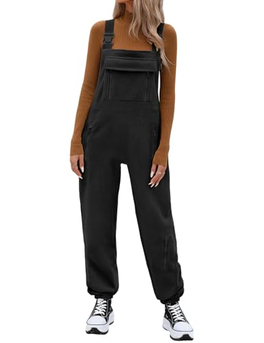 PASUDA Latzhose Damen Winter Fleece Overall Lässig Lockere Jumpsuit Lang Ärmelloser Warm Latzhosen Verstellbare Riemen Hosen Bib Arbeitshose mit Taschen (Schwarz, XXL) von PASUDA
