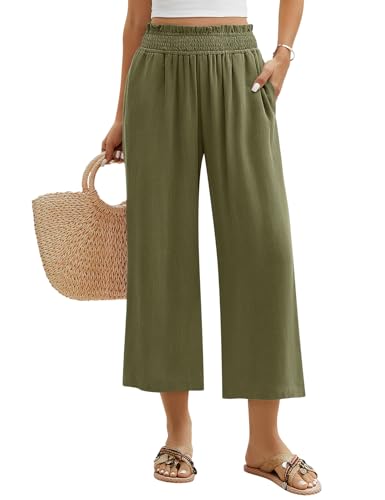 PASUDA Leinenhose Damen 7/8 Leicht Sommerhose Damen Elegant Baumwolle Leinen Luftige Hosen Weites Bein Sommer Hose Locker Freizeithose mit Taschen Elastischer Bund (Grün, S) von PASUDA