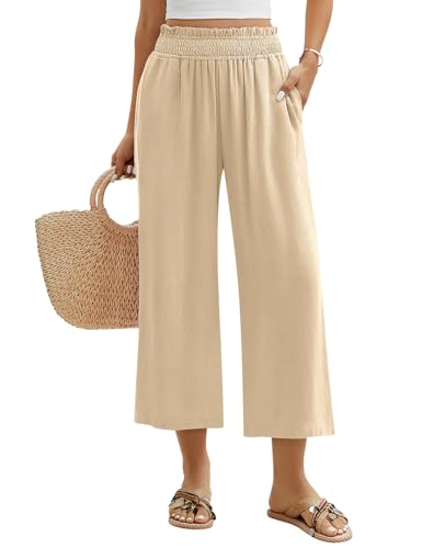 PASUDA Leinenhose Damen 7/8 Leicht Sommerhose Damen Elegant Baumwolle Leinen Luftige Hosen Weites Bein Sommer Hose Locker Freizeithose mit Taschen Elastischer Bund (Khaki, XXL) von PASUDA