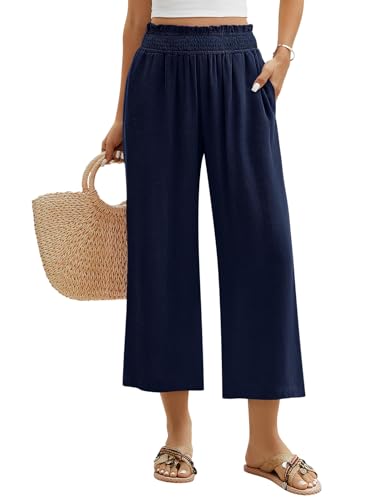 PASUDA Leinenhose Damen 7/8 Leicht Sommerhose Damen Elegant Baumwolle Leinen Luftige Hosen Weites Bein Sommer Hose Locker Freizeithose mit Taschen Elastischer Bund (Marineblau, M) von PASUDA