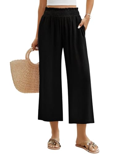 PASUDA Leinenhose Damen 7/8 Leicht Sommerhose Damen Elegant Baumwolle Leinen Luftige Hosen Weites Bein Sommer Hose Locker Freizeithose mit Taschen Elastischer Bund (Schwarz, M) von PASUDA