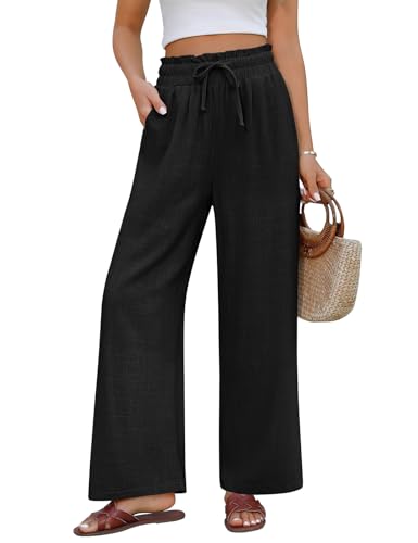 PASUDA Leinenhose Damen Sommer Hose Weites Bein Baumwolle Leinen Sommerhose Elegant Leichte Freizeithose Elastisch Hohe Taille Strandhose Loose Stoffhose Lang mit Taschen (Schwarz, M) von PASUDA