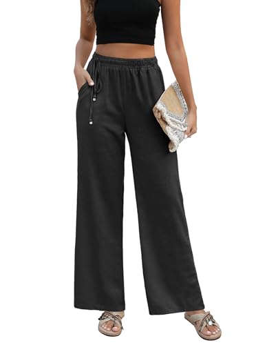 PASUDA Leinenhose Damen Sommer Hose Weite Bein Baumwolle Leinen Hose High Waist Geradem Lose Casual Sommerhose Freizeithose mit Kordelzug Taschen Elastischer Bund Stoffhose Lang Bequeme (Schwarz, XXL) von PASUDA