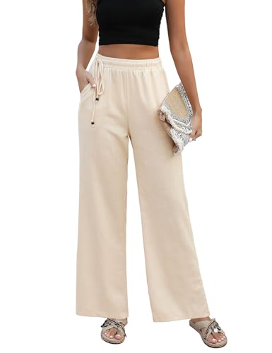 PASUDA Leinenhose Damen Sommer Hose Weites Bein Baumwolle Leinen Hose High Waist Geradem Lose Casual Sommerhose Freizeithose mit Kordelzug Taschen Elastischer Bund Stoffhose Lang Bequeme (Beige, XL) von PASUDA