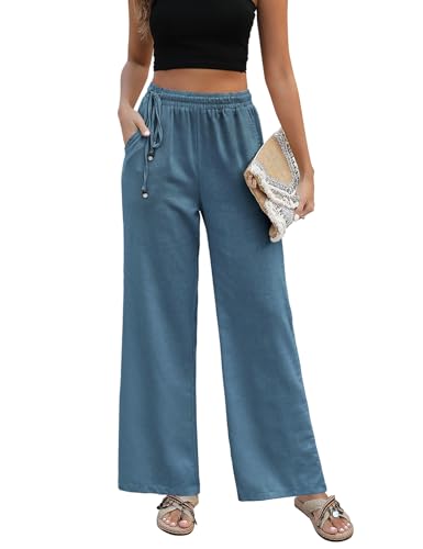 PASUDA Leinenhose Damen Sommer Hose Weites Bein Baumwolle Leinen Hose High Waist Geradem Lose Casual Sommerhose Freizeithose mit Kordelzug Taschen Elastischer Bund Stoffhose Lang Bequeme (Blau, XL) von PASUDA