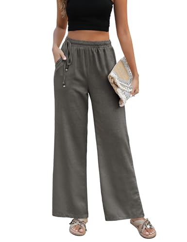 PASUDA Leinenhose Damen Sommer Hose Weites Bein Baumwolle Leinen Hose High Waist Geradem Lose Casual Sommerhose Freizeithose mit Kordelzug Taschen Elastischer Bund Stoffhose Lang Bequeme (Grau, S) von PASUDA