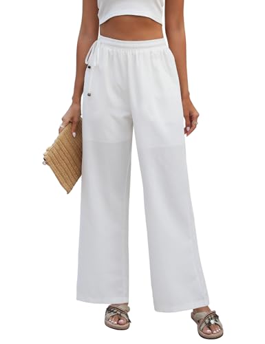 PASUDA Leinenhose Damen Sommer Hose Weites Bein Baumwolle Leinen Hose High Waist Geradem Lose Casual Sommerhose Freizeithose mit Kordelzug Taschen Elastischer Bund Stoffhose Lang Bequeme (Weiß, L) von PASUDA