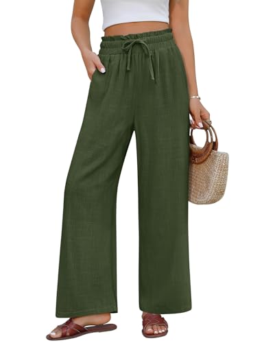 PASUDA Leinenhose Damen Sommer Hose Weites Bein Baumwolle Leinen Sommerhose Elegant Leichte Freizeithose Elastisch Hohe Taille Strandhose Loose Stoffhose Lang mit Taschen (Grün, M) von PASUDA