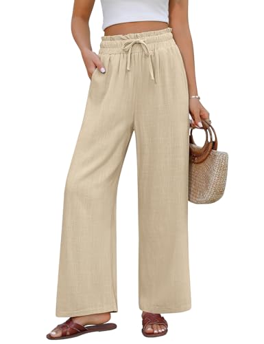 PASUDA Leinenhose Damen Sommer Hose Weites Bein Baumwolle Leinen Sommerhose Elegant Leichte Freizeithose Elastisch Hohe Taille Strandhose Loose Stoffhose Lang mit Taschen (Khaki, M) von PASUDA