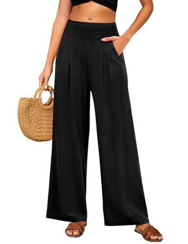 PASUDA Leinenhose Damen Sommer Hose Weites Bein Baumwolle Leinen Sommerhose Lang Elastisch Hohe Taille Freizeithose Strandhose Leichte Loose Boho Hosen mit Taschen Bequeme Stoffhose (Schwarz, M) von PASUDA
