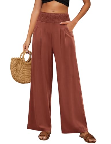 PASUDA Leinenhose Damen Sommer Hose Weites Bein Baumwolle Leinen Sommerhose Lang Elastisch Hohe Taille Freizeithose Strandhose Leichte Loose Boho Hosen mit Taschen Bequeme Stoffhose (Ziegelrot, M) von PASUDA