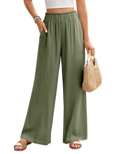 PASUDA Leinenhose Damen Sommer Hosen Leicht Weite Bein Palazzo Hose Elastisch Taille Dehnbar Elegante Sommerhose Lockere Geschnitten Luftige Strandhose Freizeithose mit Taschen (Grün, M) von PASUDA