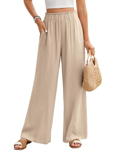 PASUDA Leinenhose Damen Sommer Hosen Leicht Weite Bein Palazzo Hose Elastisch Taille Dehnbar Elegante Sommerhose Lockere Geschnitten Luftige Strandhose Freizeithose mit Taschen (Khaki, L) von PASUDA