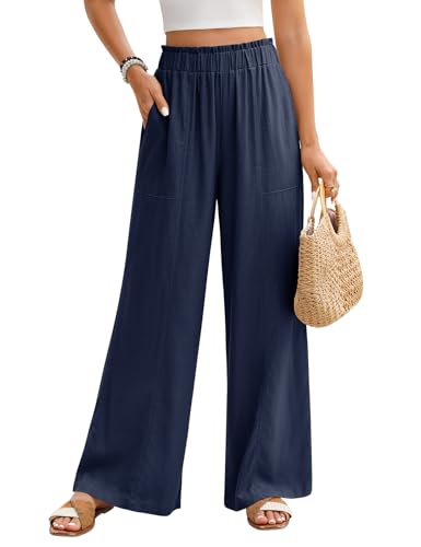 PASUDA Leinenhose Damen Sommer Hosen Leicht Weite Bein Palazzo Hose Elastisch Taille Dehnbar Elegante Sommerhose Lockere Geschnitten Luftige Strandhose Freizeithose mit Taschen (Marineblau, L) von PASUDA
