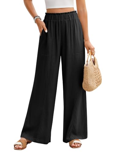 PASUDA Leinenhose Damen Sommer Hosen Leicht Weite Bein Palazzo Hose Elastisch Taille Dehnbar Elegante Sommerhose Lockere Geschnitten Luftige Strandhose Freizeithose mit Taschen (Schwarz, S) von PASUDA