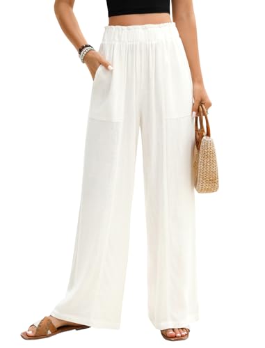 PASUDA Leinenhose Damen Sommer Hosen Leicht Weite Bein Palazzo Hose Elastisch Taille Dehnbar Elegante Sommerhose Lockere Geschnitten Luftige Strandhose Freizeithose mit Taschen (Weiß, M) von PASUDA